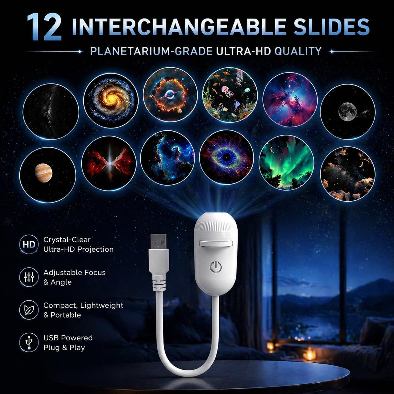 2-In-1 Galaxy Projector Night Light, 360° Adjustable Sternenhimmel Projektor Kinder Erwachsene, LED Projektor Sternenhimmel Mit 12 Schiebbare Projektionsfolien, Deckenprojektor, Geschenke Für Mama