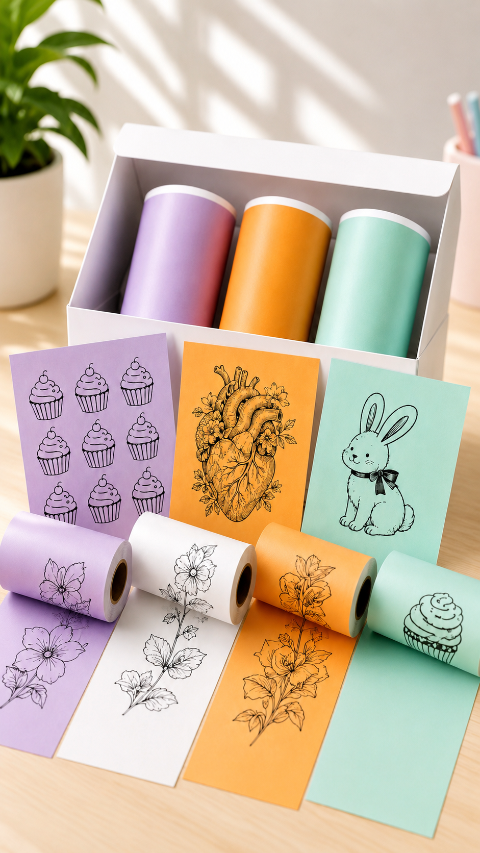 1 MiniPrint™-Drucker in Wunschfarbe
1 Standardrolle im Lieferumfang
3 farbige Rollen: Lila, Mint und Orange
3 weiße Rollen