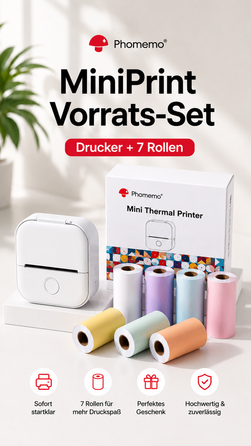 1 MiniPrint™-Drucker in Wunschfarbe
1 Standardrolle im Lieferumfang
3 farbige Rollen: Lila, Mint und Orange
3 weiße Rollen