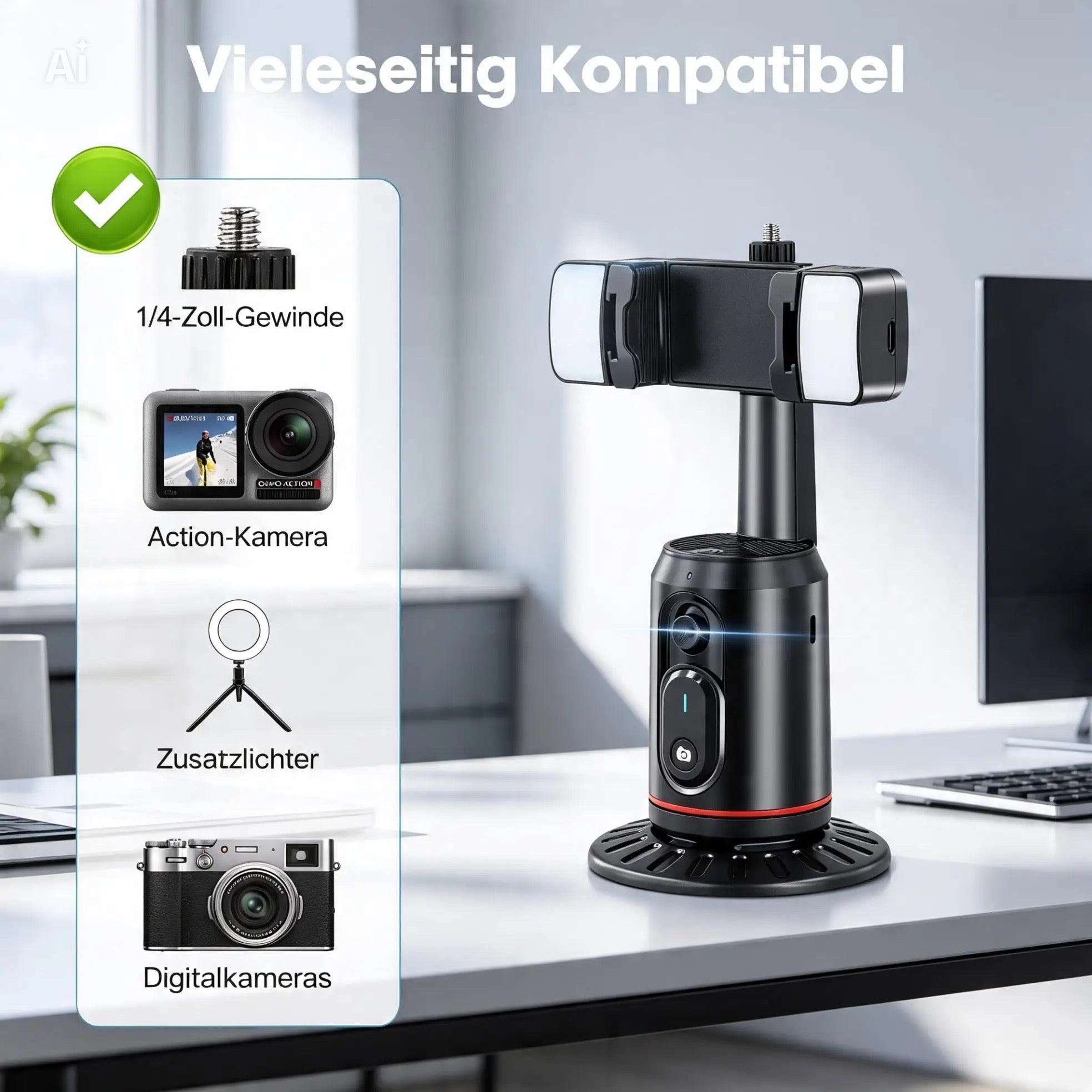 360° KI-Handyhalterung mit Face Tracking & LED-Licht