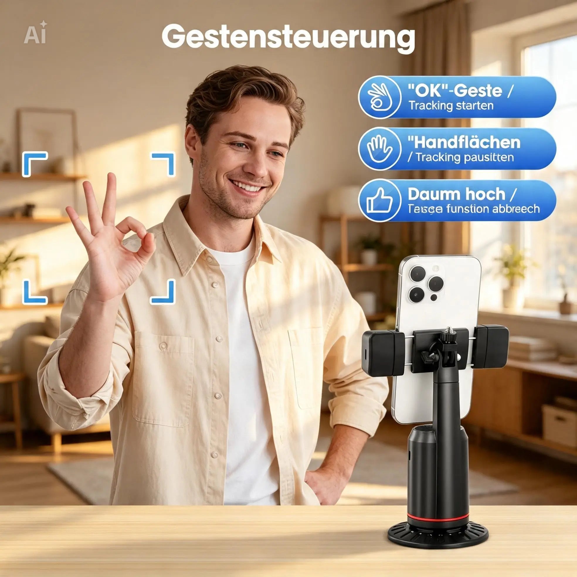 360° KI-Handyhalterung mit Face Tracking & LED-Licht